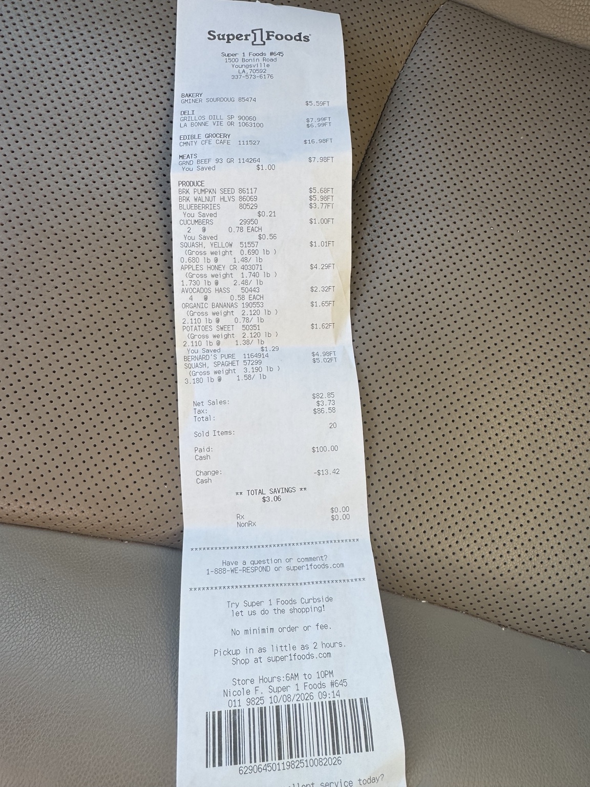 Super 1 Foods grocery receipt showing everyday purchases including ground beef, fruit, avocados, squash and sourdough